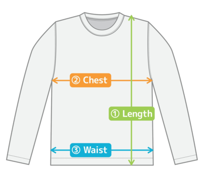 Size measurement guide showing Chest, Length and Waist measurements